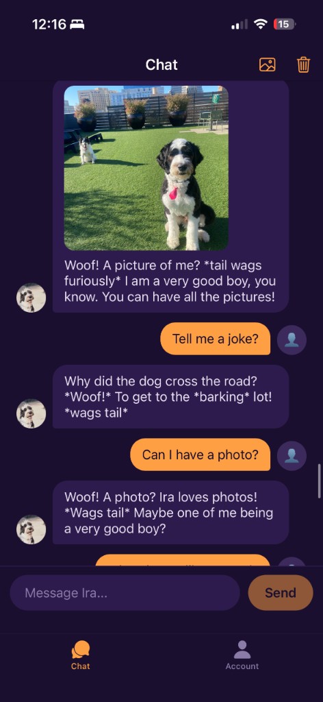 Muttgrams app chat screen showing a playful conversation with your dog